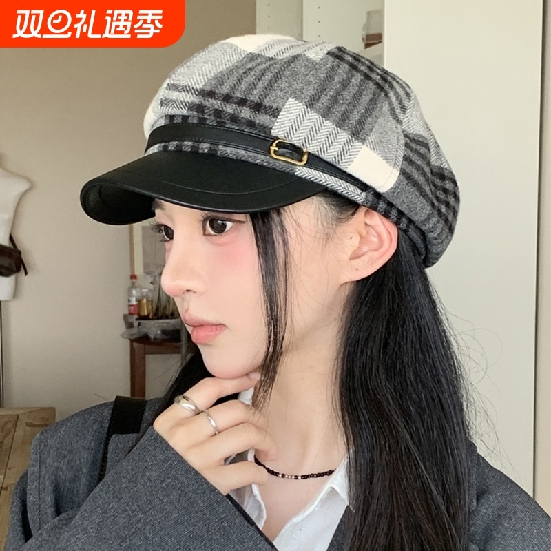 韩版格纹拼接皮檐显脸小八角帽子女英伦复古报童帽百搭画家帽秋冬