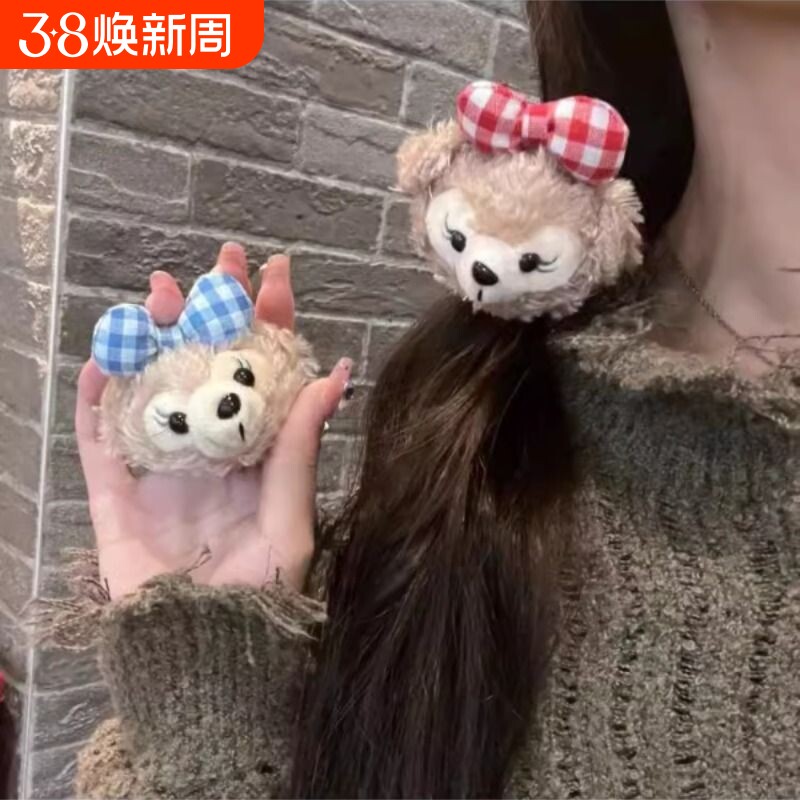 Mimmy格纹格子达菲熊头绳可爱复古甜美发圈发绳雪莉卡通kt猫红格