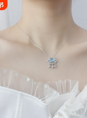 s925纯银长命锁项链女蓝色月光石平安如意锁吊坠时尚百搭秋冬新款
