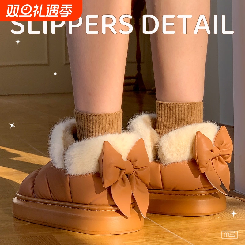 冬季新款女鞋棉鞋雪地靴加绒保暖透气棉拖白色毛绒可爱黑色蝴蝶结