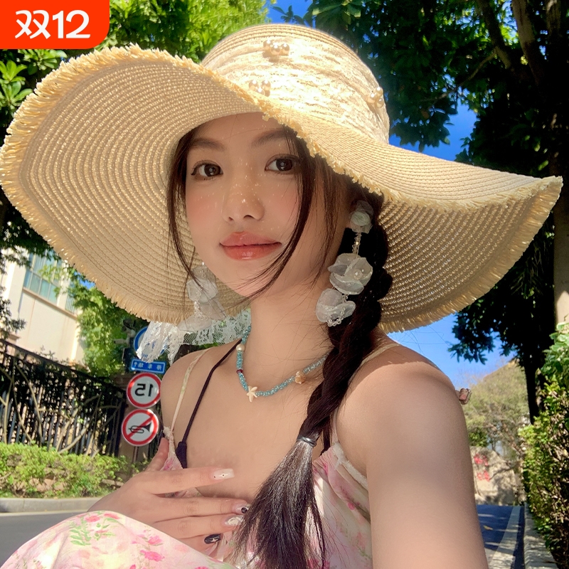 蕾丝蝴蝶结大帽檐沙滩草帽女2025年春新款海边遮阳太阳帽子潮