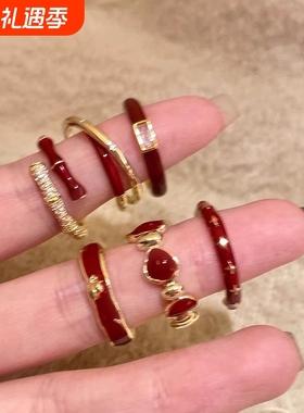 红色安可拉滴釉戒指女款轻奢ins小众设计高级感复古显白食指戒指