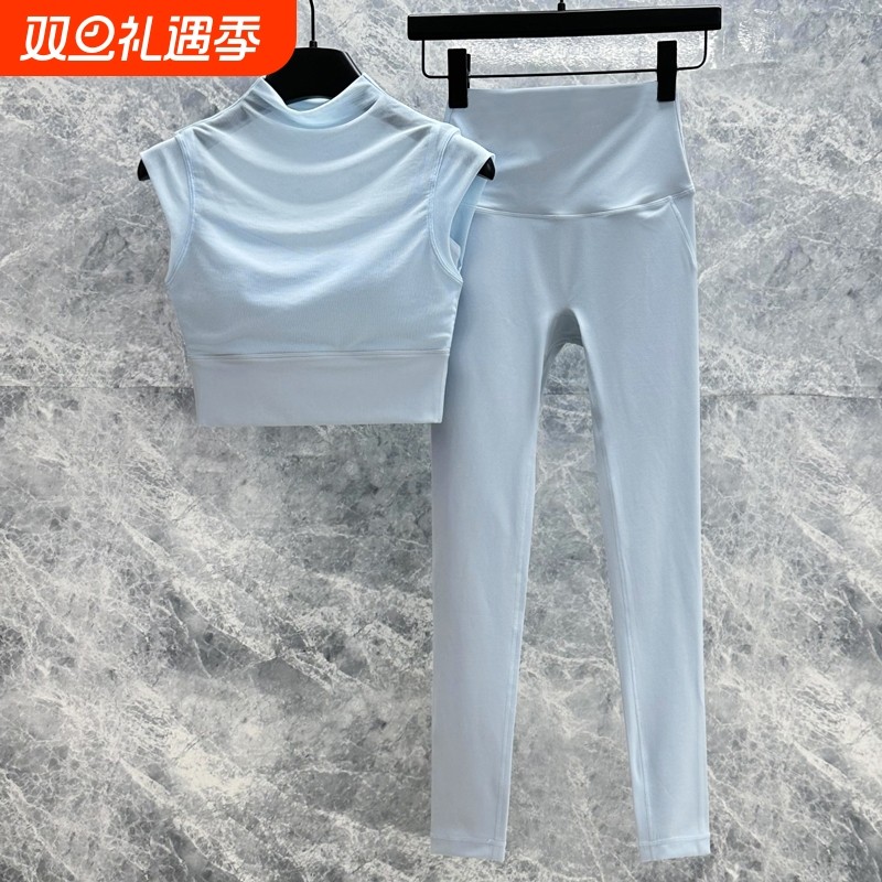 瑜伽服带胸垫普拉提运动短袖上衣跑步训练健身裤女套装夏薄款速干