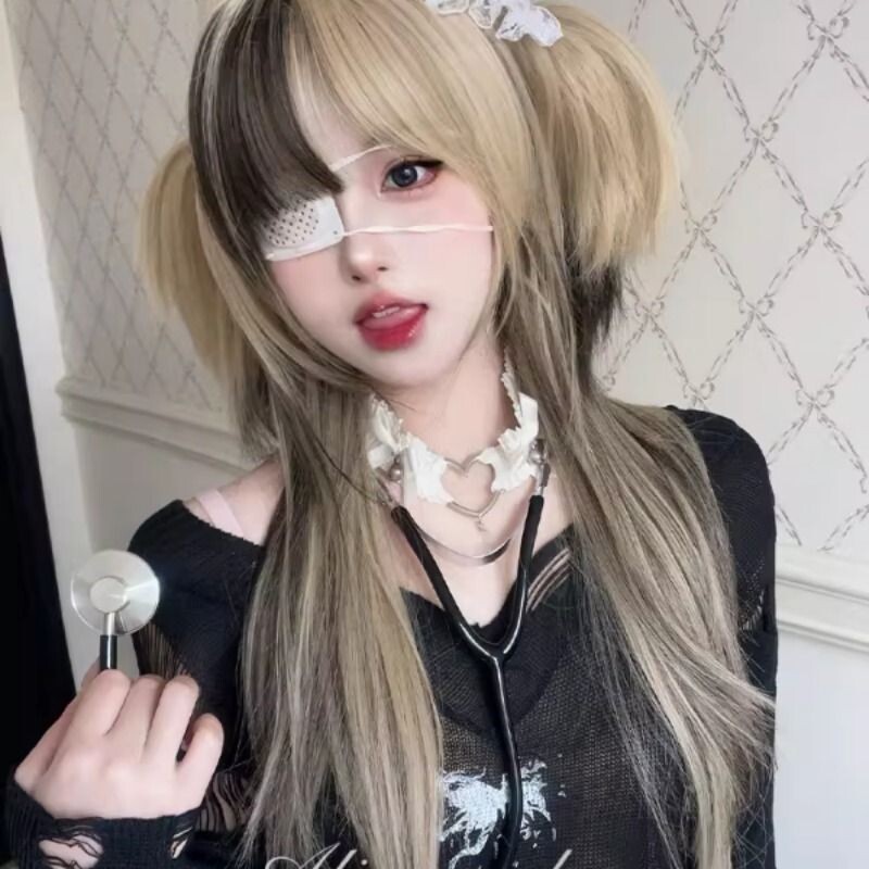 AG假发女长发网红『芥末鱼丸』辣妹亚裔风jk挑染抓夹长直发全头套