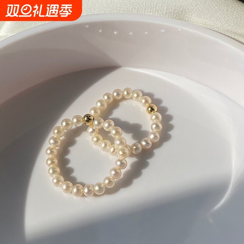 天然淡水弹力珍珠戒指女近圆珠强光小金珠戒指镀金小球戒圈指环
