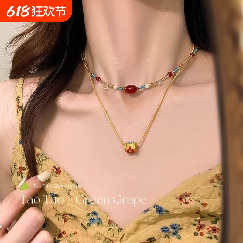 新中式民族风多巴胺彩色串珠项链女夏2025新款双层叠戴复古颈链