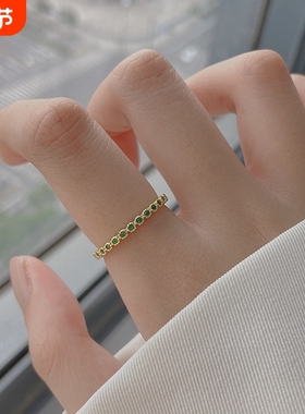 日韩S925纯银镀14K金祖母绿色开口戒指 小众设计高级感戒指女批发