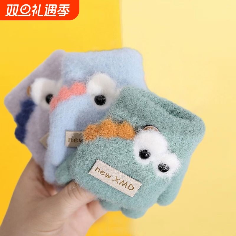 宝宝手套0-3岁岁儿童五指翻盖露趾男女童秋冬季加绒保暖半指写字