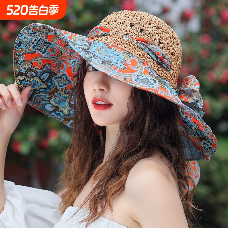 夏天大檐波西米亚草编帽子女海边沙滩遮阳防晒防紫外线太阳帽草帽