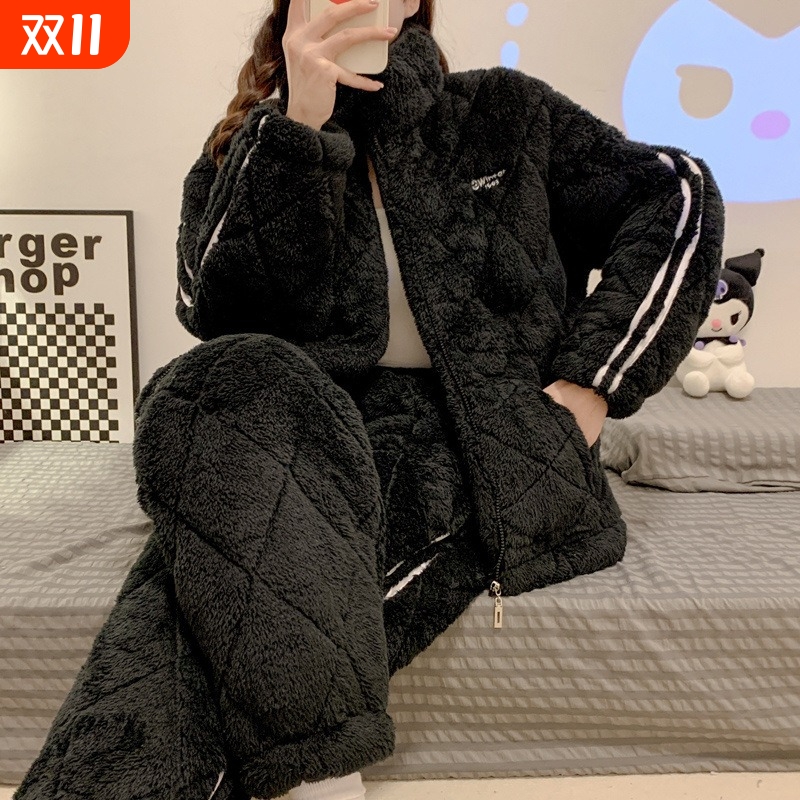 2025年新款珊瑚绒睡衣女冬季加厚加绒三层夹棉拉链外穿家居服套装