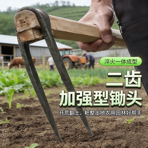 农用锄头农具挖土开荒种地二齿三齿松土种菜挖笋锻打翻地翻土木柄