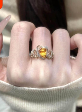 爆闪满钻橙色芬达方糖戒指女款轻奢小众设计高级感百搭不规则指环