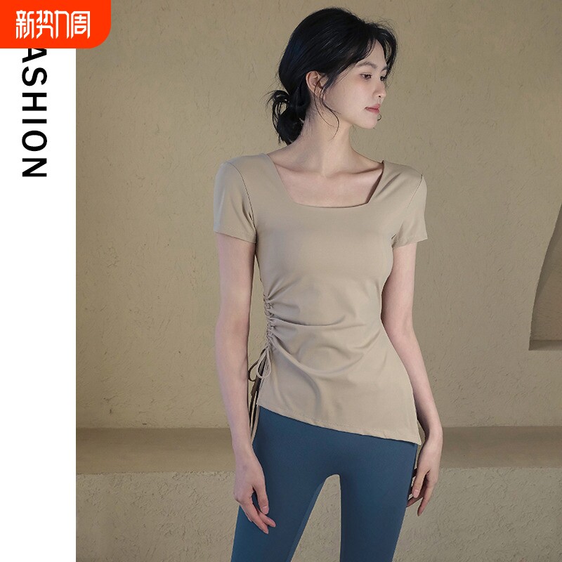 瑜伽服短袖女秋季显瘦运动上衣带胸垫健身服套装普拉提速干专业