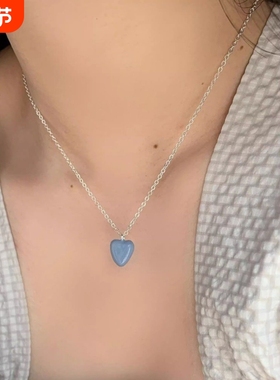 多巴胺爱心项链新款甜美锁骨链蓝色设计颈链百搭日系小清新水滴