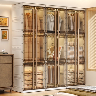 塑料简易衣柜家用卧室可移动大人儿童挂衣橱靠墙一体衣物收纳柜子