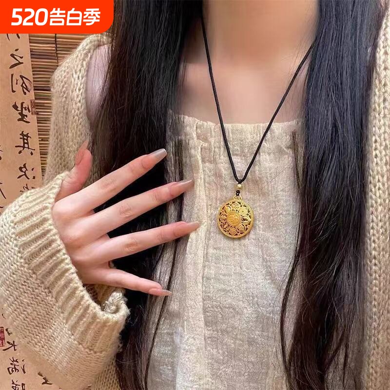 越南沙金八宝罗盘项链男女款古法传承吊坠黄金色编绳福牌毛衣链