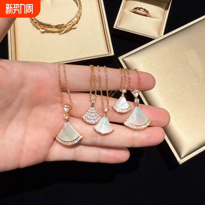 高定品质扇形小裙子项链女纯银镀18K金红黑玛瑙孔雀白贝母大扇子