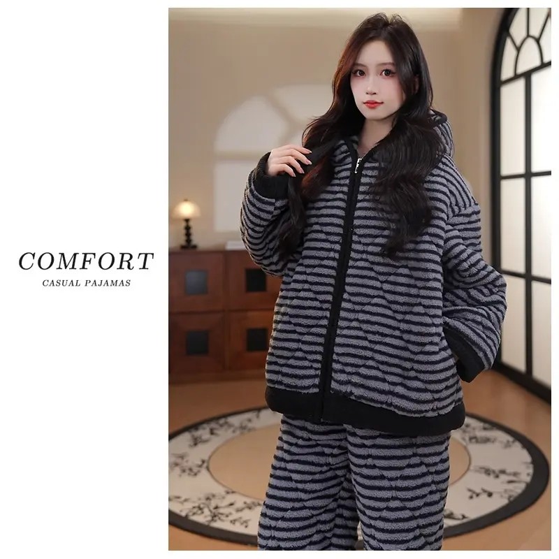 韩版条纹冬季睡衣女珊瑚绒夹棉三层加绒加厚女士保暖家居服可外穿