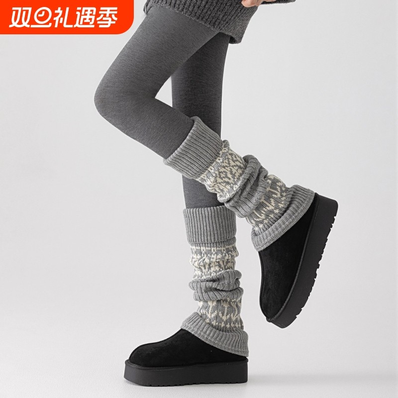 费尔岛袜套女秋冬季加厚保暖羊毛雪地靴复古灰色针织款堆堆小腿套