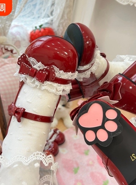 蔻孜现货蜜桃夹心Lolitalo鞋中跟鞋红色洛丽塔粉色粗跟圆头蝴蝶结