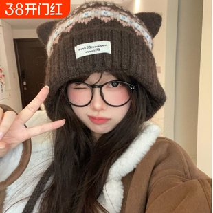 可爱猫耳朵费尔岛毛线帽女冬季加绒保暖帽子包头帽针织帽显脸小潮