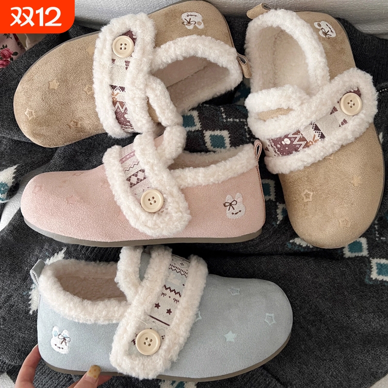 加绒保暖勃肯鞋女2025冬季新款复古魔术贴防滑毛毛鞋厚底雪地棉靴