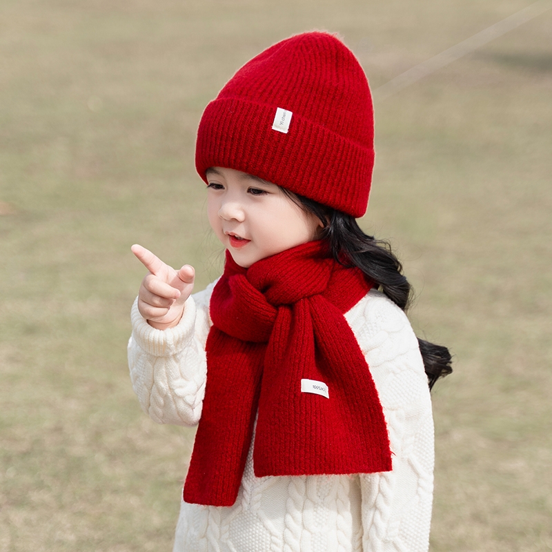秋冬季儿童帽子围巾套装女童针织毛线帽圣诞节男童宝宝保暖红色