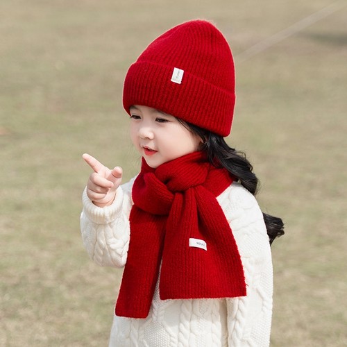 秋冬季儿童帽子围巾套装女童针织毛线帽圣诞节男童宝宝保暖红色