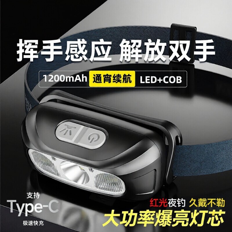 超长续航LED头灯挥手感应夜钓灯户外强光小型便携头戴式防水可充