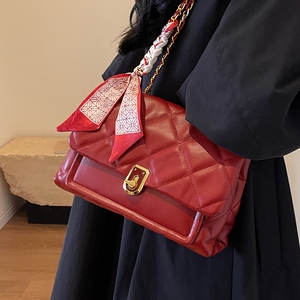红色包包女士2024新款潮高级感菱格链条包秋季时尚质感单肩斜挎包