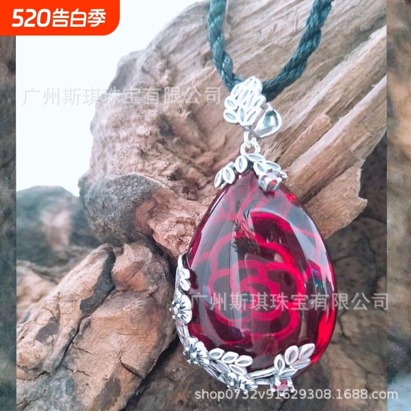 s925泰银女宫廷民族风复古纯银项链镶嵌玉髓石榴石红宝石吊坠