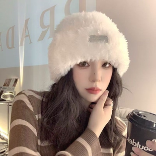 毛线帽子秋冬季女款针织显脸小保暖白色毛绒冷帽大头围粉色灰色