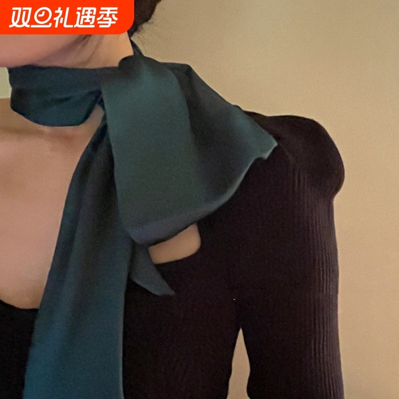 丝巾绑发飘带发饰外出丝带超仙法式香槟绸缎蝴蝶结发带色窄长