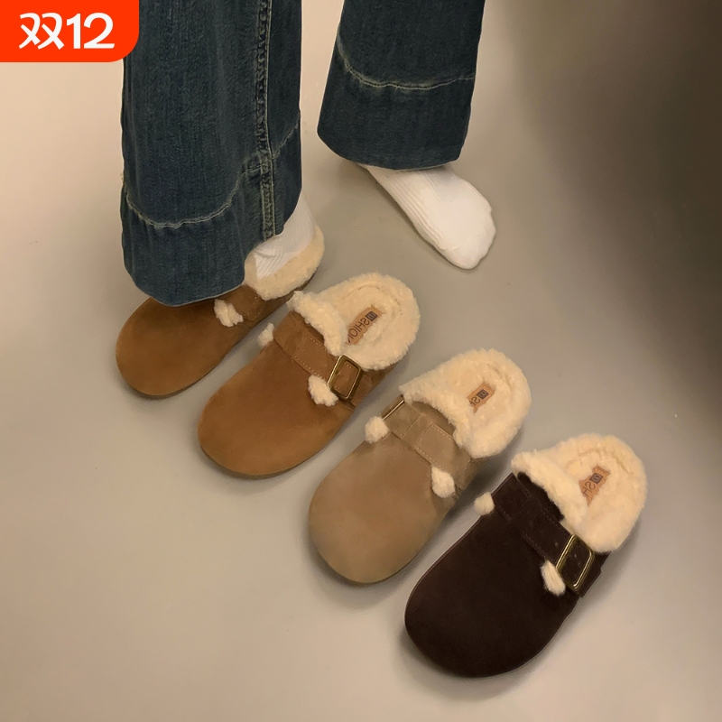 他她女孩勃肯鞋女软底毛毛拖鞋2025新款秋冬季一脚蹬包头半拖加绒