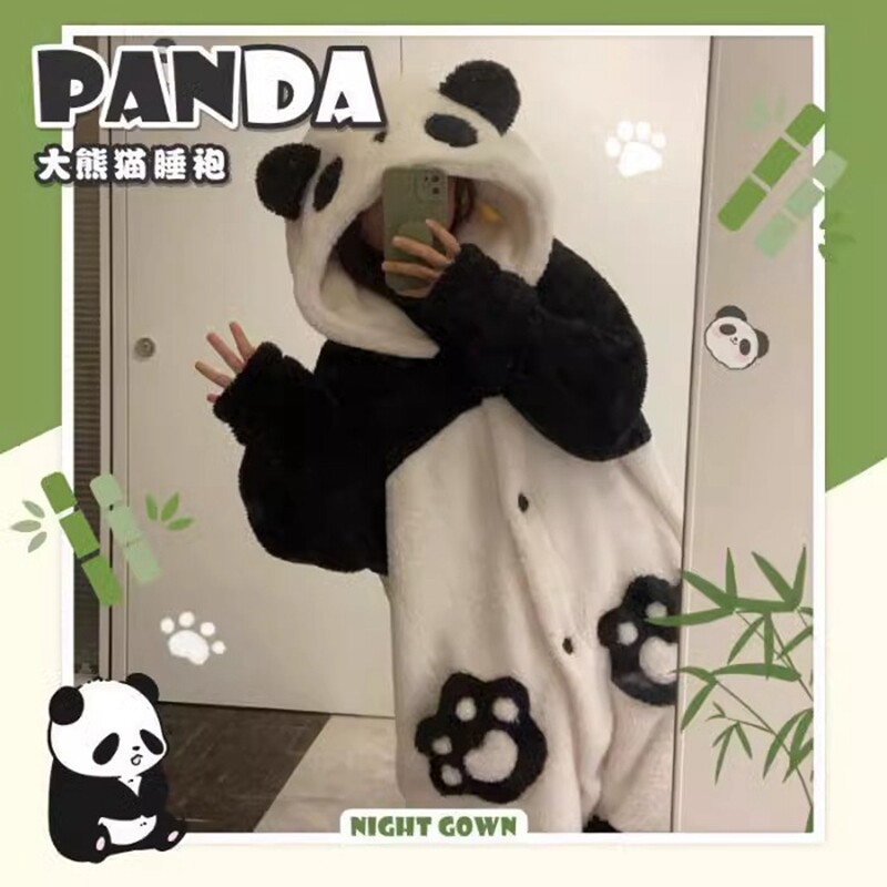 珊瑚绒睡衣秋冬款女2026冬季男士加厚睡裙熊猫睡袍连体家居服加绒