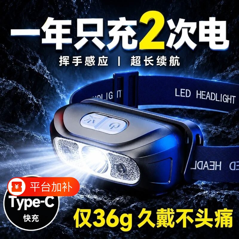 品牌头灯夜钓鱼强光充电超亮头戴式户外超长续航手电筒家用轻感应