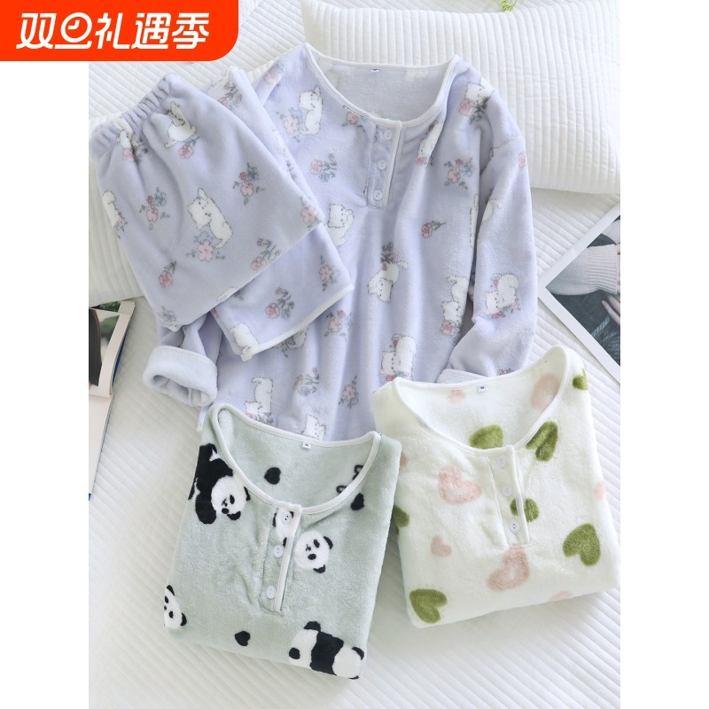 红豆珊瑚绒睡衣女冬季加绒加厚保暖2025新款冬天套头大码法兰绒家