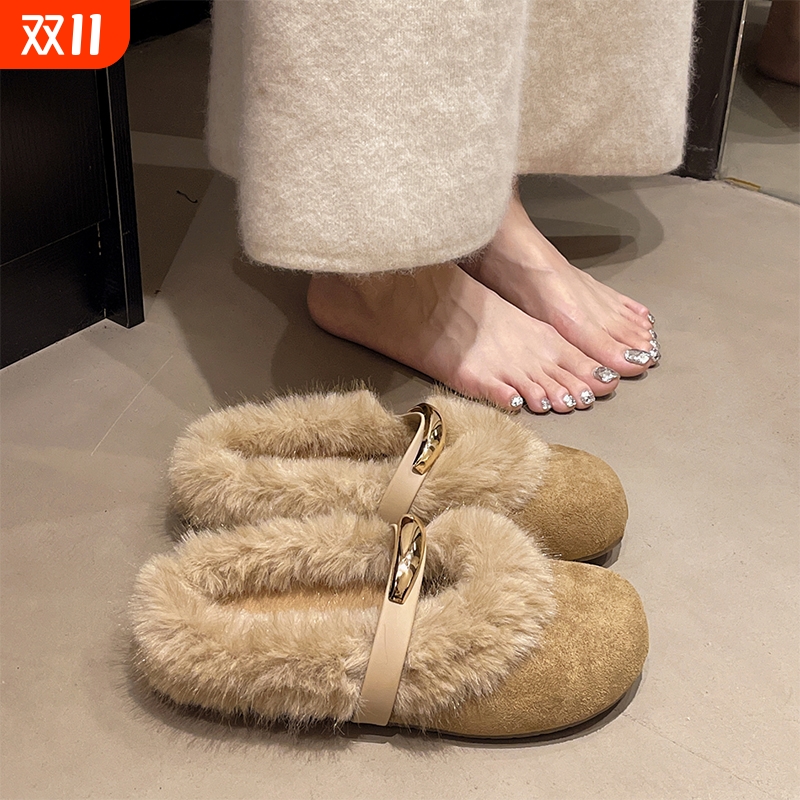 巨好看平底加绒勃肯鞋包头半拖鞋女外穿2025新款冬懒人毛毛棉拖鞋