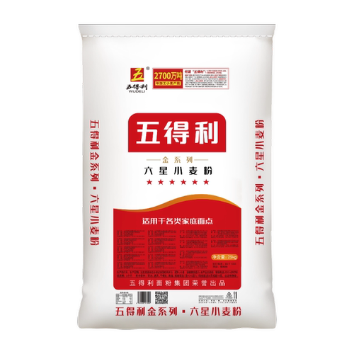 五得利面粉金系列六星小麦粉家用50斤白面包馒头多用途面条包子