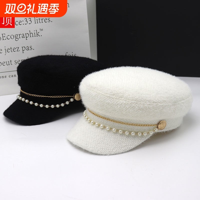 海军帽子女秋冬季韩版时尚保暖鸭舌帽日系网红平顶帽贝雷帽潮珍珠