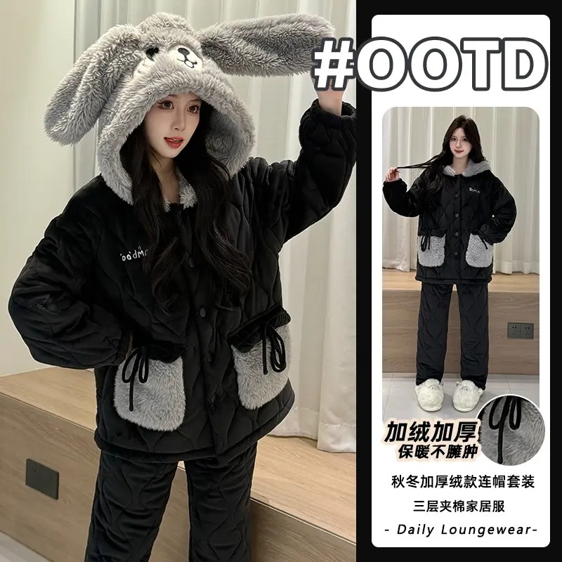 睡衣女冬季加厚加绒2025新款珊瑚绒三层夹棉女生冬天可外穿家居服