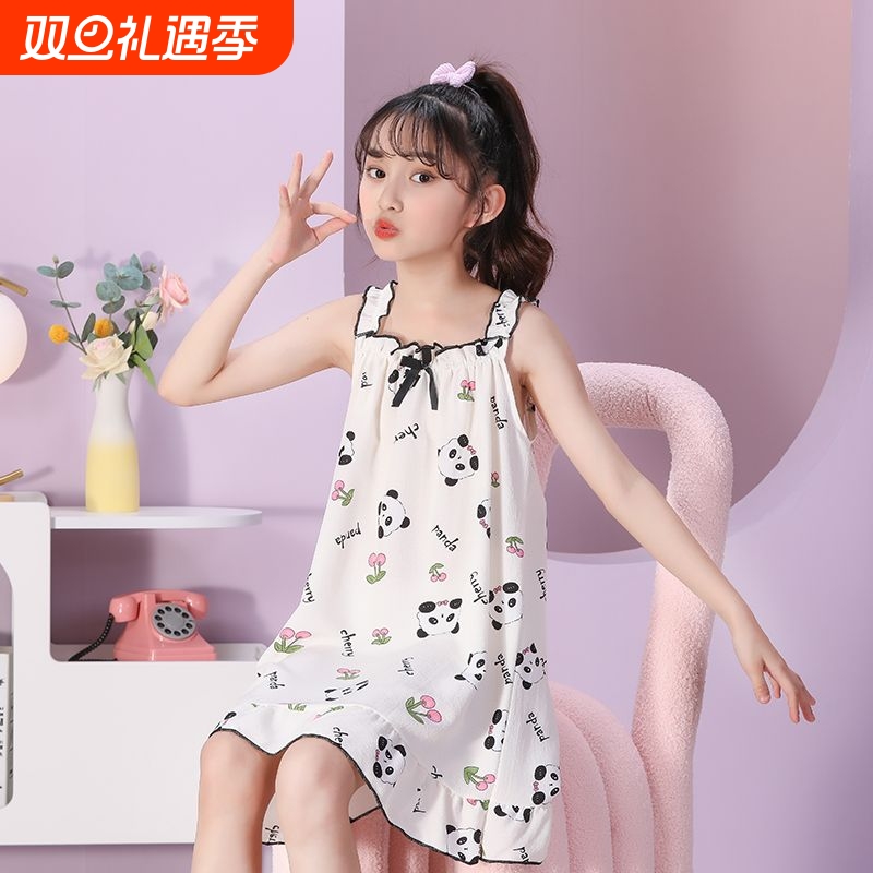 新款儿童睡裙女童夏季吊带裙纯棉薄款公主女孩睡衣中大童家居裙