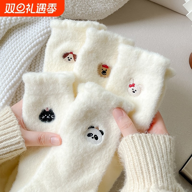 厚袜子女中筒袜白色秋冬季加厚加绒保暖刺绣冬天长筒袜潮水貂绒