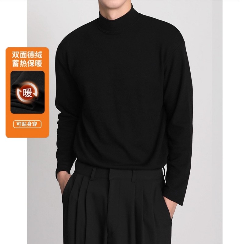 秋冬季黑色半高领打底衫男德绒宽松潮牌青年保暖加厚中领长袖T恤