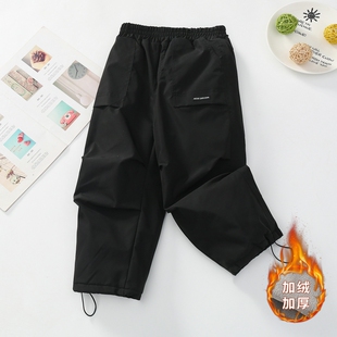 男童加绒冲锋裤秋冬款2026新款冬季加厚绒大儿童裤子防水户外黑色