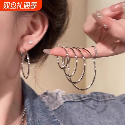 S925镀银针素圈圆圈耳环女轻奢高级感夸张耳圈方圆脸显脸小耳饰