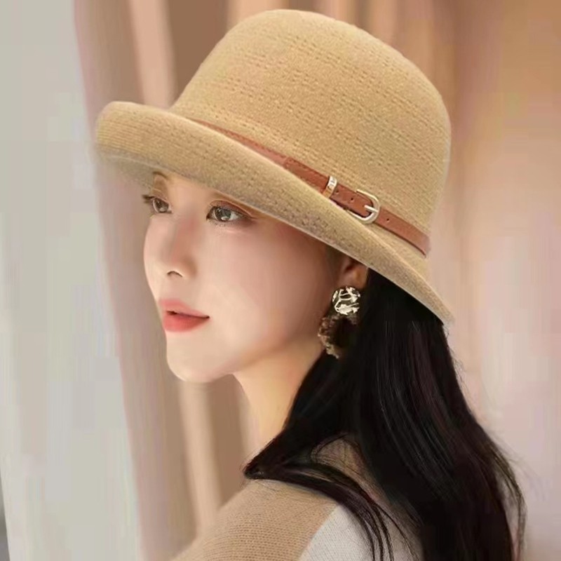 赫本风女士卷边帽子礼帽渔夫帽子女秋冬保暖英伦优雅盆帽黑色驼色