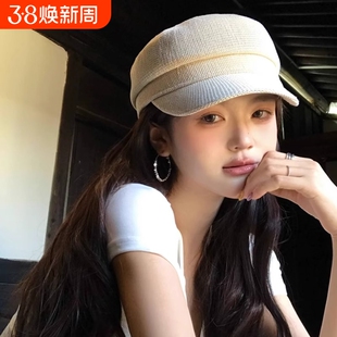 法式高级感亚麻编织纯色贝雷帽女春秋薄款透气八角帽显脸小报童帽