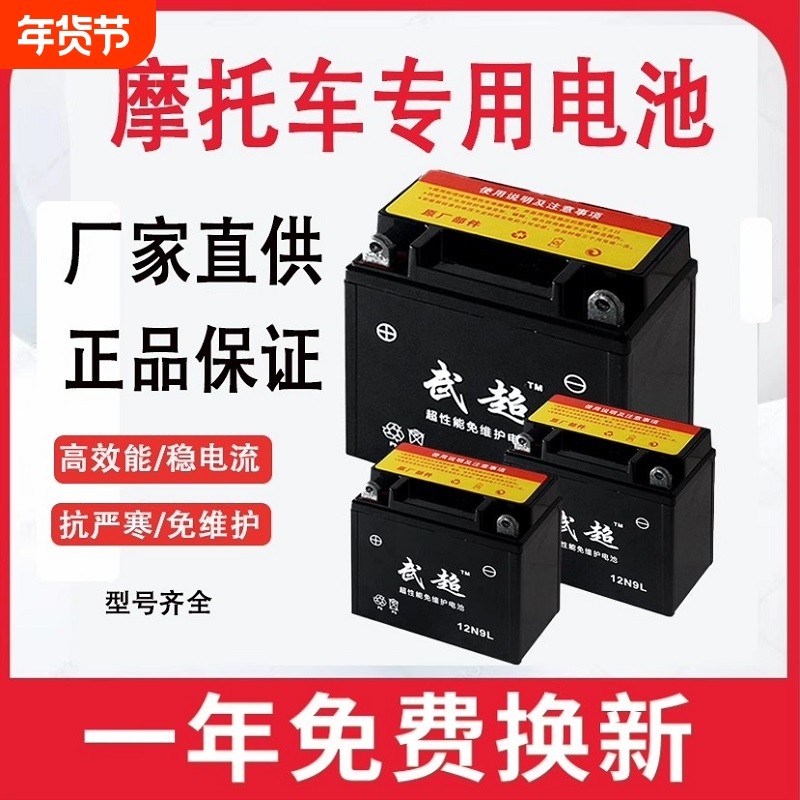 武超摩托车电瓶12v免维护125弯梁110踏板三轮车9a7a通用干蓄电池