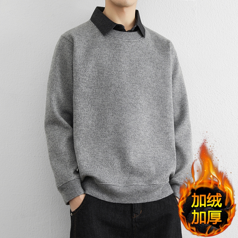秋冬季加绒加厚毛衣衬衫领假两件男内搭保暖打底衫潮牌帅气上衣